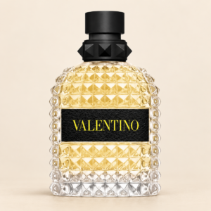 Valentino Uomo Born in Roma Yellow Dream Eau De Toilette on warm ivory beige background