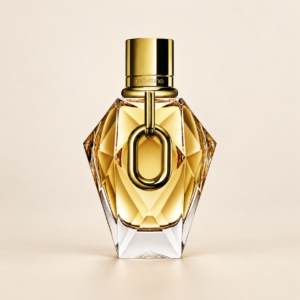 Rabanne Million Gold for Her Eau de Parfum on warm ivory beige background